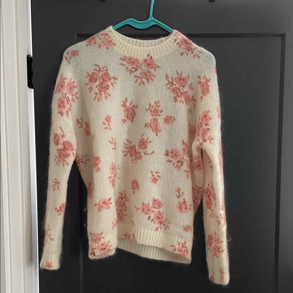 SEZANE - Floral Cream and Pink Women's Sweater -size Small